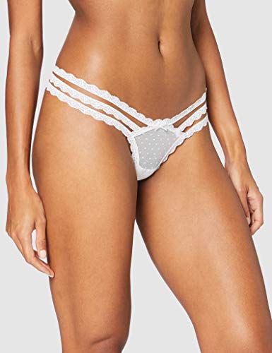 Marca Amazon - Iris & Lilly Tanga de Rejilla Mujer, Pack de 2, Multicolor (negro/blanco), XS, Label: XS