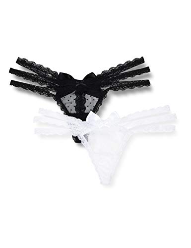 Marca Amazon - Iris & Lilly Tanga de Rejilla Mujer, Pack de 2, Multicolor (negro/blanco), XS, Label: XS