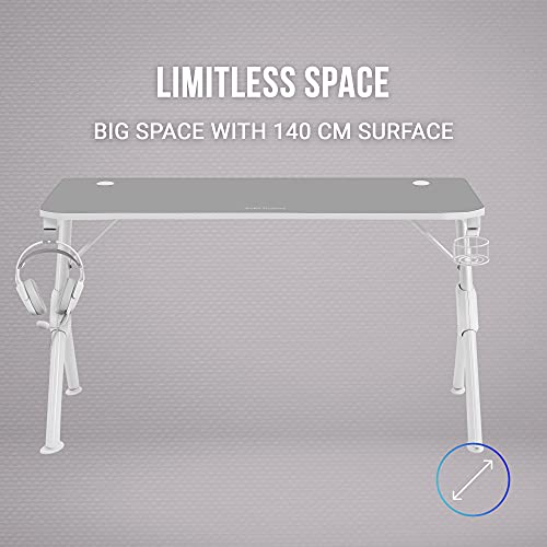 MarsGaming MGD140W - Mesa gaming 140cm, soporte cascos+bebida, alfombrilla total, color blanco