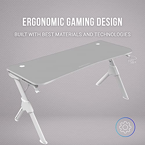 MarsGaming MGD140W - Mesa gaming 140cm, soporte cascos+bebida, alfombrilla total, color blanco