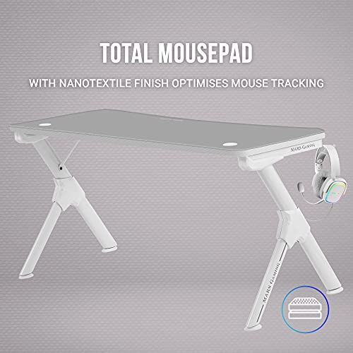 MarsGaming MGD140W - Mesa gaming 140cm, soporte cascos+bebida, alfombrilla total, color blanco