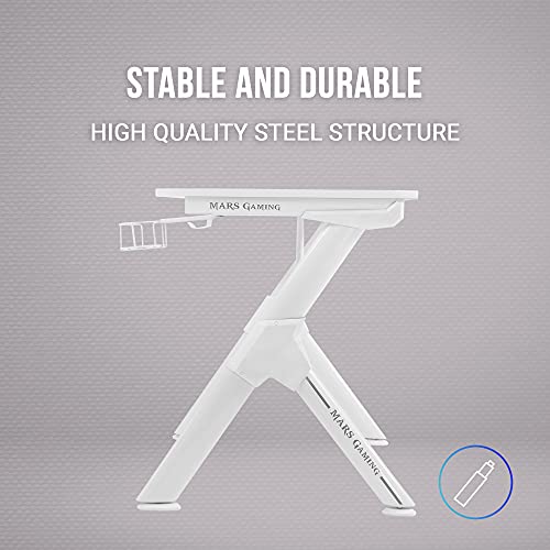 MarsGaming MGD140W - Mesa gaming 140cm, soporte cascos+bebida, alfombrilla total, color blanco