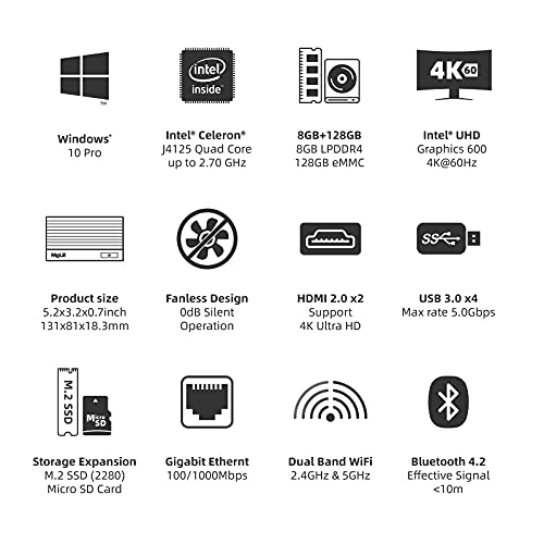 Mele Fanless Mini PC Quieter2 Intel Celeron J4125 8GB DDR4 128GB eMMC Mini Ordenador con Windows 10 Pro, Micro Desktop PC Supports 4K Dual-Screen Output, Dual WiFi, Gigabit Ethernet, BT4.2