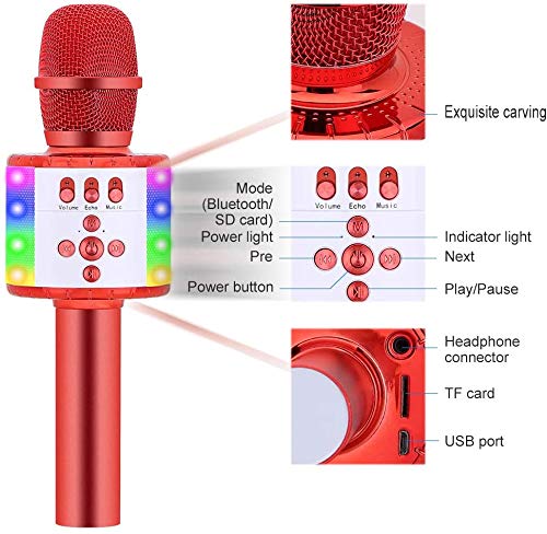 Micrófono Inalámbrico de Karaoke Bluetooth BONAOK con Luces LED Controlables, Máquina Portátil de Karaoke, Altavoz, regalo de Cumpleaños, Juguete de Viaje para Android/iPhone/iPad/Sony/PC (red)
