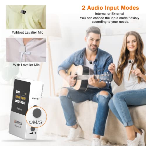 Micrófono inalámbrico de Solapa, micrófono inalámbrico Comica BoomX-D2 2.4G Compacto con 2 transmisor 1 Receptor, micrófono Lav para Smartphone Cámara Podcast Entrevista Youtube Live-Steam（Blanco）