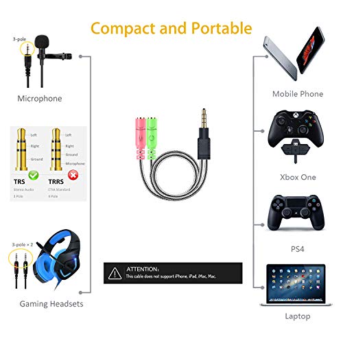 MillSO 3.5mm Audio Jack Y Cable - Adaptador para auriculares (3.5mm Jack estéreo a 2x 3.5mm Jack) para auriculares para juegos, Xbox One, PS4, Smartphones y Laptop - 20CM