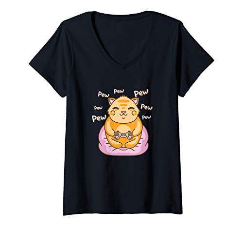 Mujer Cute Cat Playing Video Games | Funny Kawaii Gamer Gift Camiseta Cuello V