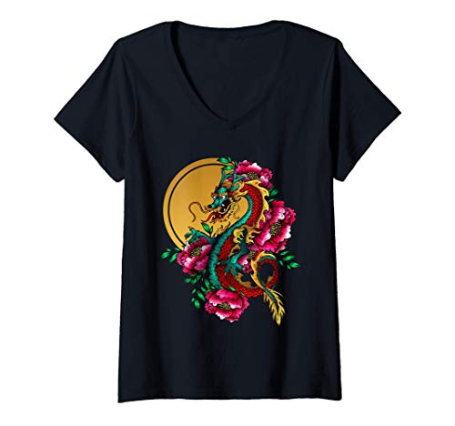 Mujer Dragón japonés Golden Sun Flor de loto Camiseta Cuello V