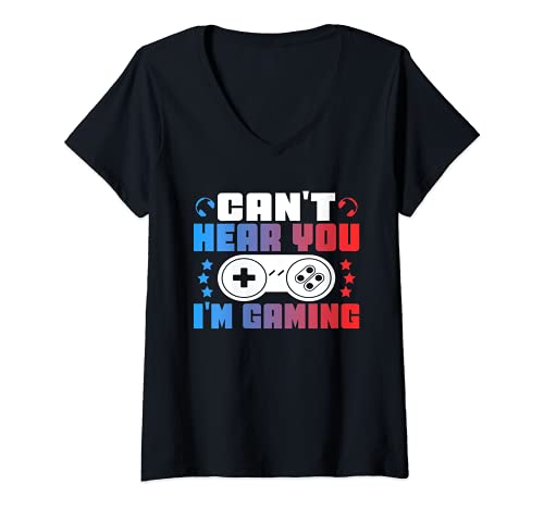 Mujer No puedo escuchar que estoy Juego manos en el joystick de control Camiseta Cuello V