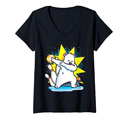 Mujer Oso Polar Bowling Niños Shirt Camisa Partido Regalo Camiseta Cuello V