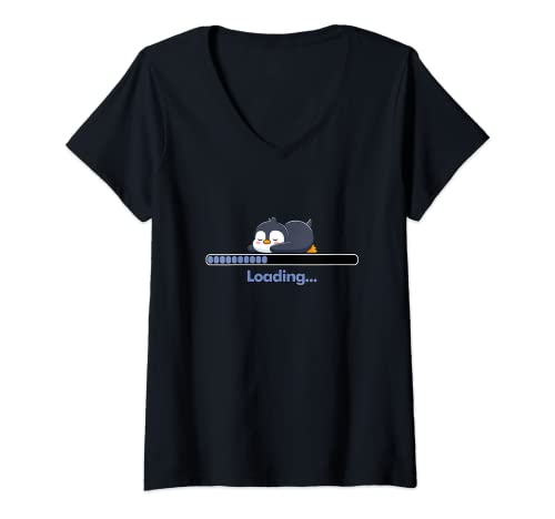 Mujer Sueño Cargando Dormir Perezoso Nap Juego Nerd Gamer Penguin Geek Camiseta Cuello V