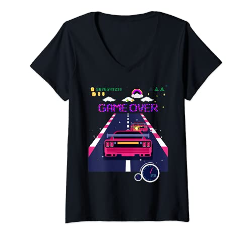 Mujer Vintage 8 bit Pixel Video Games Graphic Design Racing Cars Camiseta Cuello V