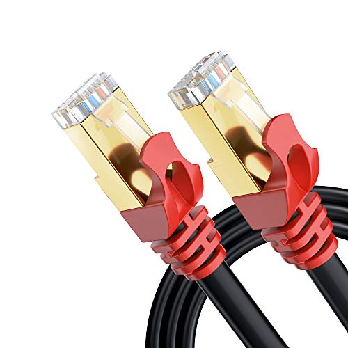 MutecPower 15m Cat 7 Impermeables para Exteriores - RJ45 Cable de Red ethernet Latiguillo para soterramiento Directo - SSTP - 600 MHz - Negro 15 Metros con Bridas y Clips