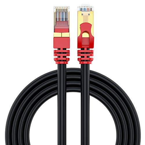 MutecPower 15m Cat 7 Impermeables para Exteriores - RJ45 Cable de Red ethernet Latiguillo para soterramiento Directo - SSTP - 600 MHz - Negro 15 Metros con Bridas y Clips