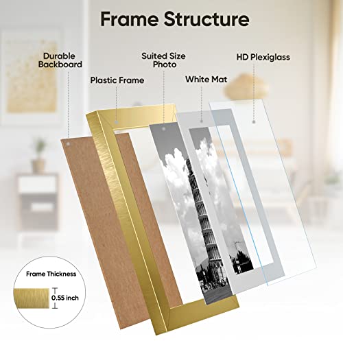 Nacial Juego de 4 marcos de fotos dorados de 20 x 25 cm, marco de fotos de 13 x 18 cm, de PVC con paspartú y cristal de plexiglás, marco extraíble para collage, retratos, cómics
