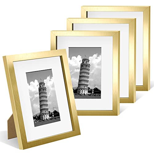 Nacial Juego de 4 marcos de fotos dorados de 20 x 25 cm, marco de fotos de 13 x 18 cm, de PVC con paspartú y cristal de plexiglás, marco extraíble para collage, retratos, cómics