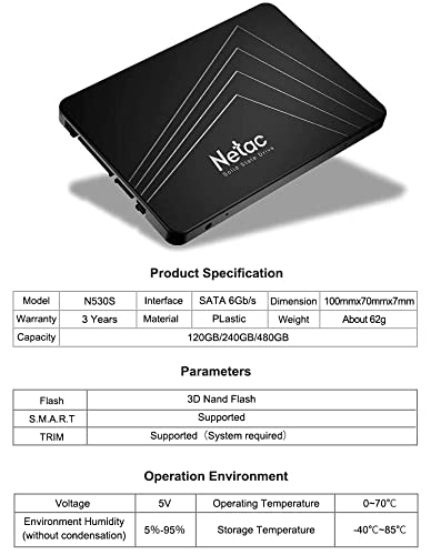 Netac Unidad de Estado Sólido 120GB, Disco Duro Estado Sólido Interna, 3D NAND Flash SLC, 2.5'' SATAIII 6Gb/s, hasta 510MB/s, para Portátil, Tableta, Escritorio, PC