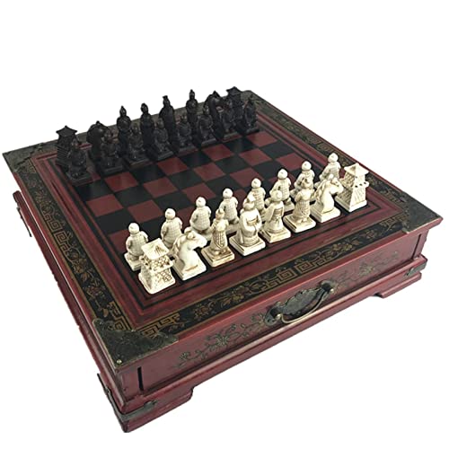 New Wood Chess Set Chinese Retro Terracotta Warriors Chess Wood Do Old Carving Resin Chessman Christmas Birthday Premium Giftinternational Chess Pieces