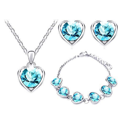 Ogquaton - Juego de joyas de plata Sky Blue Heart con colgante de cristal + pendientes + pulsera para mujeres y niñas, respetuoso con el medio ambiente y práctico