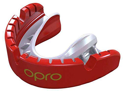 Opro Gold Level Braces - Protector bucal para deportes de pelota, palo y combate, 18 meses de garantía dental (rojo/perla)