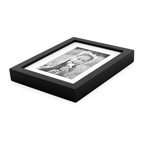 Photolini Juego de 2 Marcos Modernos de Madera Maciza Profundos, en Color Negro, de 13x18 cm con paspartú de 9x13 cm | Marcos para Fotos | Marcos para Retratos | Marcos Intercambiables