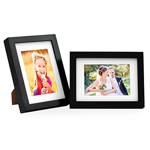 Photolini Juego de 2 Marcos Modernos de Madera Maciza Profundos, en Color Negro, de 13x18 cm con paspartú de 9x13 cm | Marcos para Fotos | Marcos para Retratos | Marcos Intercambiables