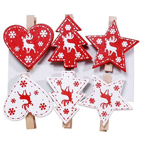 Pinzas de madera, diseño de Navidad, 6 unidades, corazón, estrella y árbol de Navidad, en bolsa