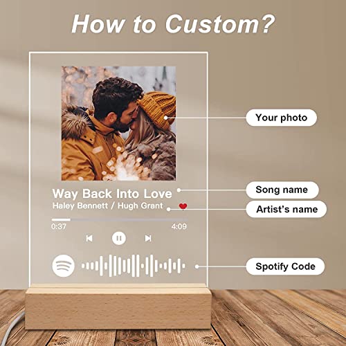 Placa Spotify Personalizada Marco de Fotos Spotify Personalizado con Luz Nocturna LED Fotos Personalizadas con Código de Spotify Escaneable Regalos Personalizados con Foto (sin base)