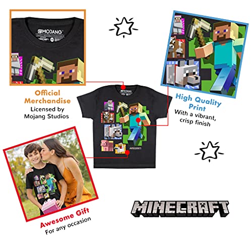 Popgear Minecraft Steve and Animals Boys T-Shirt Black Camiseta, Negro, 7-8 Años para Niños
