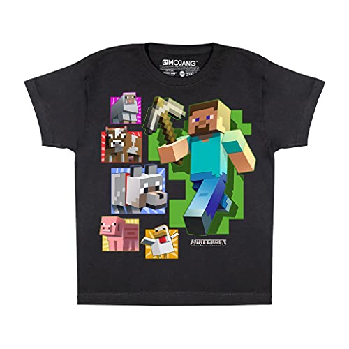 Popgear Minecraft Steve and Animals Boys T-Shirt Black Camiseta, Negro, 7-8 Años para Niños