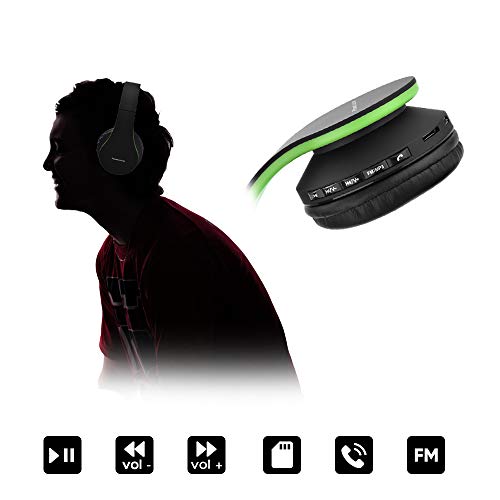 PowerLocus P1 – Auriculares Bluetooth inalambricos de Diadema Cascos Plegables, Casco Bluetooth con Sonido Estéreo con Conexión a Bluetooth Inalámbrico y Cable para Movil, PC, Tablet - Negro/Verde