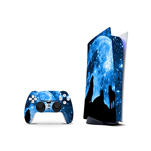 PS5 Digital Skin Console Controllers De 46 North Design, 3M Technology Calidad Que Calcomanías Coche, Lobo Azul Noche Cielo Estrella Luna Negro, Duradera, Fabricado En Canadá