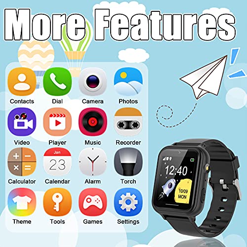 PTHTECHUS Reloj Inteligente niño - Música Smartwatch para Niños Pantalla Táctil con podómetro Juegos Cámara Linterna Alarma Reloj niños y niñas de 8-12 años Regalo, S19 Negro