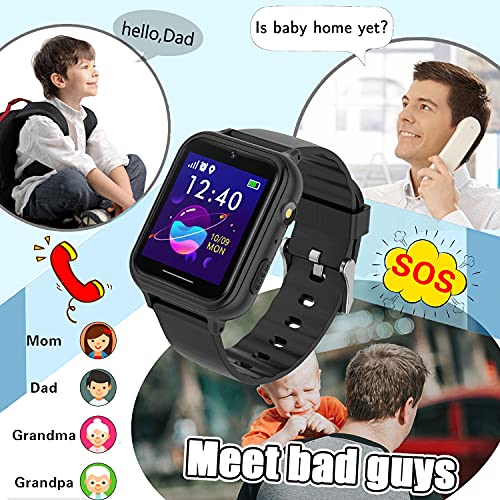 PTHTECHUS Reloj Inteligente niño - Música Smartwatch para Niños Pantalla Táctil con podómetro Juegos Cámara Linterna Alarma Reloj niños y niñas de 8-12 años Regalo, S19 Negro
