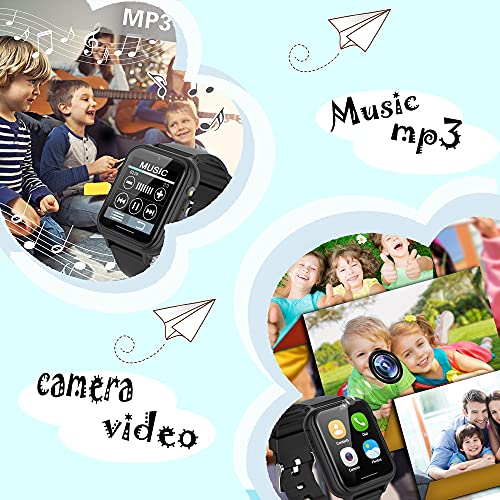 PTHTECHUS Reloj Inteligente niño - Música Smartwatch para Niños Pantalla Táctil con podómetro Juegos Cámara Linterna Alarma Reloj niños y niñas de 8-12 años Regalo, S19 Negro