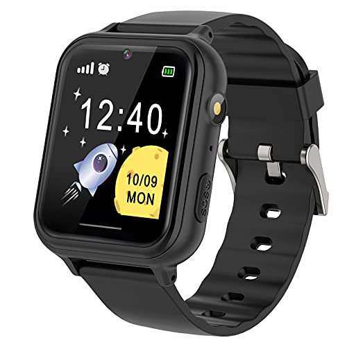 PTHTECHUS Reloj Inteligente niño - Música Smartwatch para Niños Pantalla Táctil con podómetro Juegos Cámara Linterna Alarma Reloj niños y niñas de 8-12 años Regalo, S19 Negro
