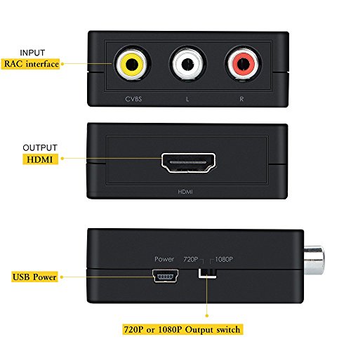 RCA a HDMI convertidor,Wavlink 1080p 3RCA a HDMI CVBS AV Compuesto Video Audio Adaptador con USB Charge Cable apoyar 1080P para PC Laptop Xbox PS4 PS3 TV STB VHS VCR Camera DVD [Negro]