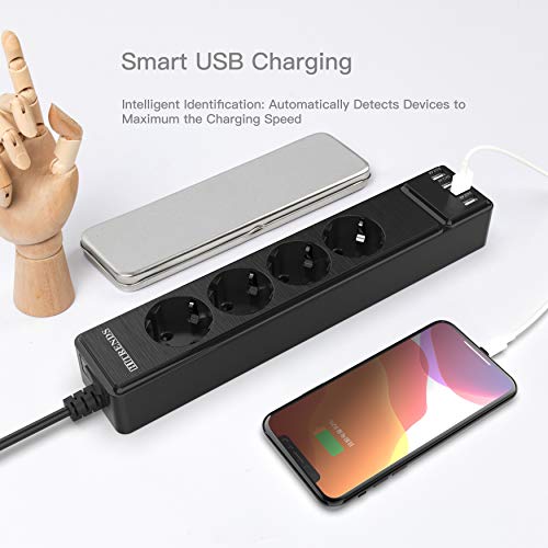 Regleta Enchufes con 4 Tomas y 4 USB 3M Cable, Protección Sobretensiones Enchufes (2500W/10A), Múltiples Cargador USB,Toma de Corriente con Protección contra Sobrecargas y Interruptores, Negro