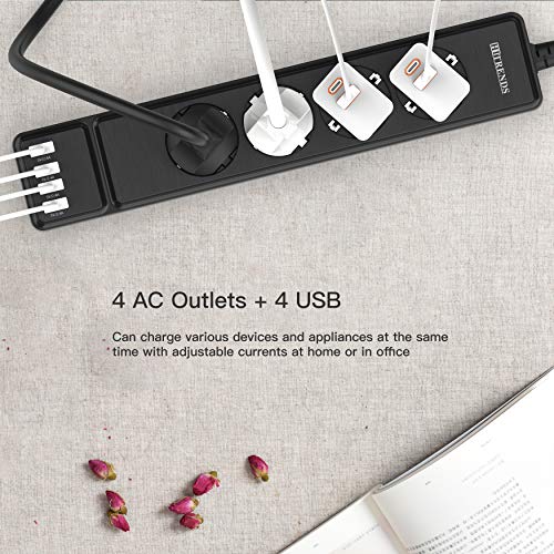 Regleta Enchufes con 4 Tomas y 4 USB 3M Cable, Protección Sobretensiones Enchufes (2500W/10A), Múltiples Cargador USB,Toma de Corriente con Protección contra Sobrecargas y Interruptores, Negro
