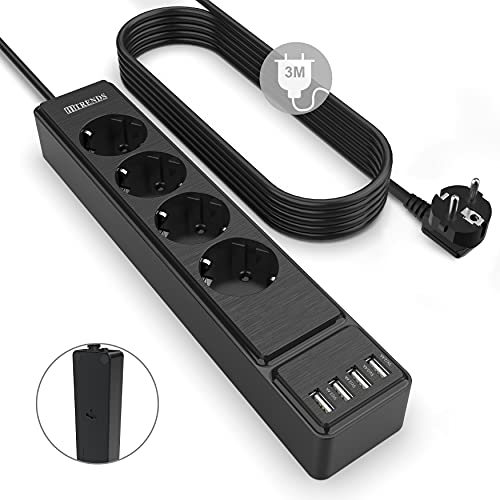 Regleta Enchufes con 4 Tomas y 4 USB 3M Cable, Protección Sobretensiones Enchufes (2500W/10A), Múltiples Cargador USB,Toma de Corriente con Protección contra Sobrecargas y Interruptores, Negro