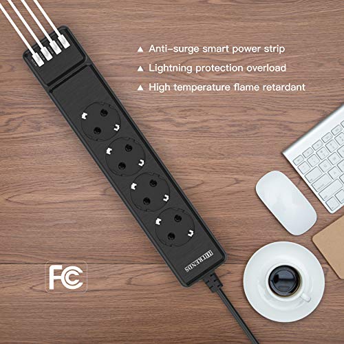 Regleta Enchufes con 4 Tomas y 4 USB 3M Cable, Protección Sobretensiones Enchufes (2500W/10A), Múltiples Cargador USB,Toma de Corriente con Protección contra Sobrecargas y Interruptores, Negro