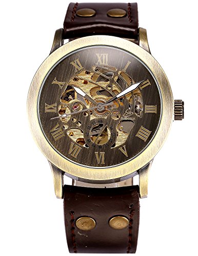 Reloj de Pulsera de Piel para Hombre Steampunk con diseño de Esqueleto automático mecánico automático, marrón, L, Correa