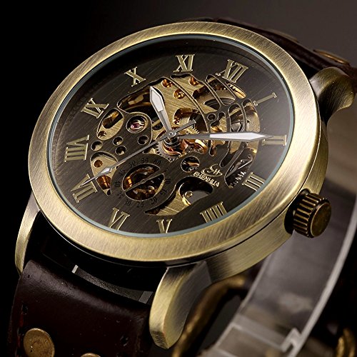 Reloj de Pulsera de Piel para Hombre Steampunk con diseño de Esqueleto automático mecánico automático, marrón, L, Correa