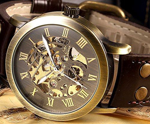 Reloj de Pulsera de Piel para Hombre Steampunk con diseño de Esqueleto automático mecánico automático, marrón, L, Correa