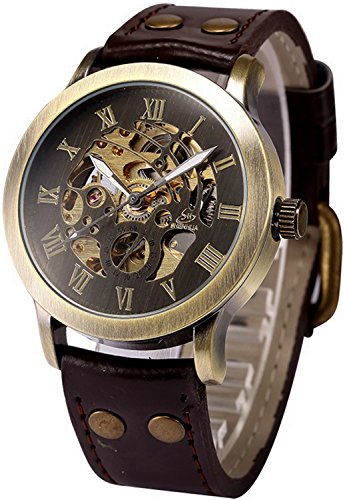 Reloj de Pulsera de Piel para Hombre Steampunk con diseño de Esqueleto automático mecánico automático, marrón, L, Correa