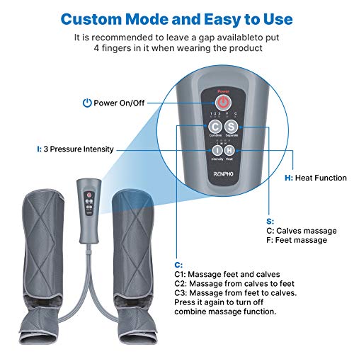 RENPHO Masajeador de Piernas y Pies con 2 Calor, Compresión de Aire en Las Piernas Para Masaje de Los Pies de la Pantorrilla, 5 Modos 3 Intensidades, Ayuda a Aliviar la Hinchazón y Los Dolores Edema