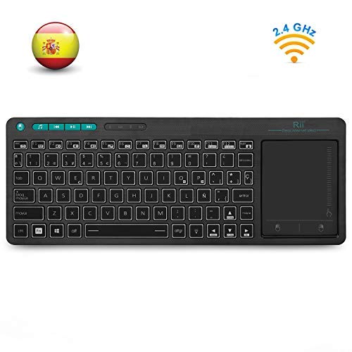 Rii K18 Plus -Teclado inalámbrico touchpad con 3 Colores LED, batería Recargable de Ion de Litio, QWERTY español, Color Negro