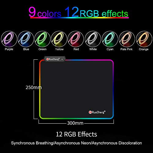 RuoCherg Alfombrillas de Ratón RGB, Grande LED Gaming Mouse Pad, 10 Modos de Iluminación, Superficie Impermeable Base de Goma Antideslizante para Jugadores, PC y Portátiles