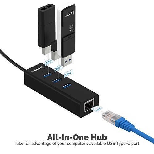 Sabrent Concentrador de Aluminio 3 Puertos USB-C a USB 3.0 con 1 Puerto Gigabit Ethernet, Compatible con Macbook Pro, ChromeBook, XPS y más [Cable de 1 pie Incorporado] (HB-NTUC)