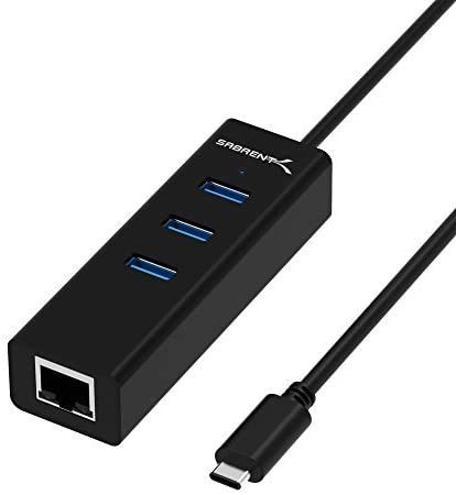 Sabrent Concentrador de Aluminio 3 Puertos USB-C a USB 3.0 con 1 Puerto Gigabit Ethernet, Compatible con Macbook Pro, ChromeBook, XPS y más [Cable de 1 pie Incorporado] (HB-NTUC)